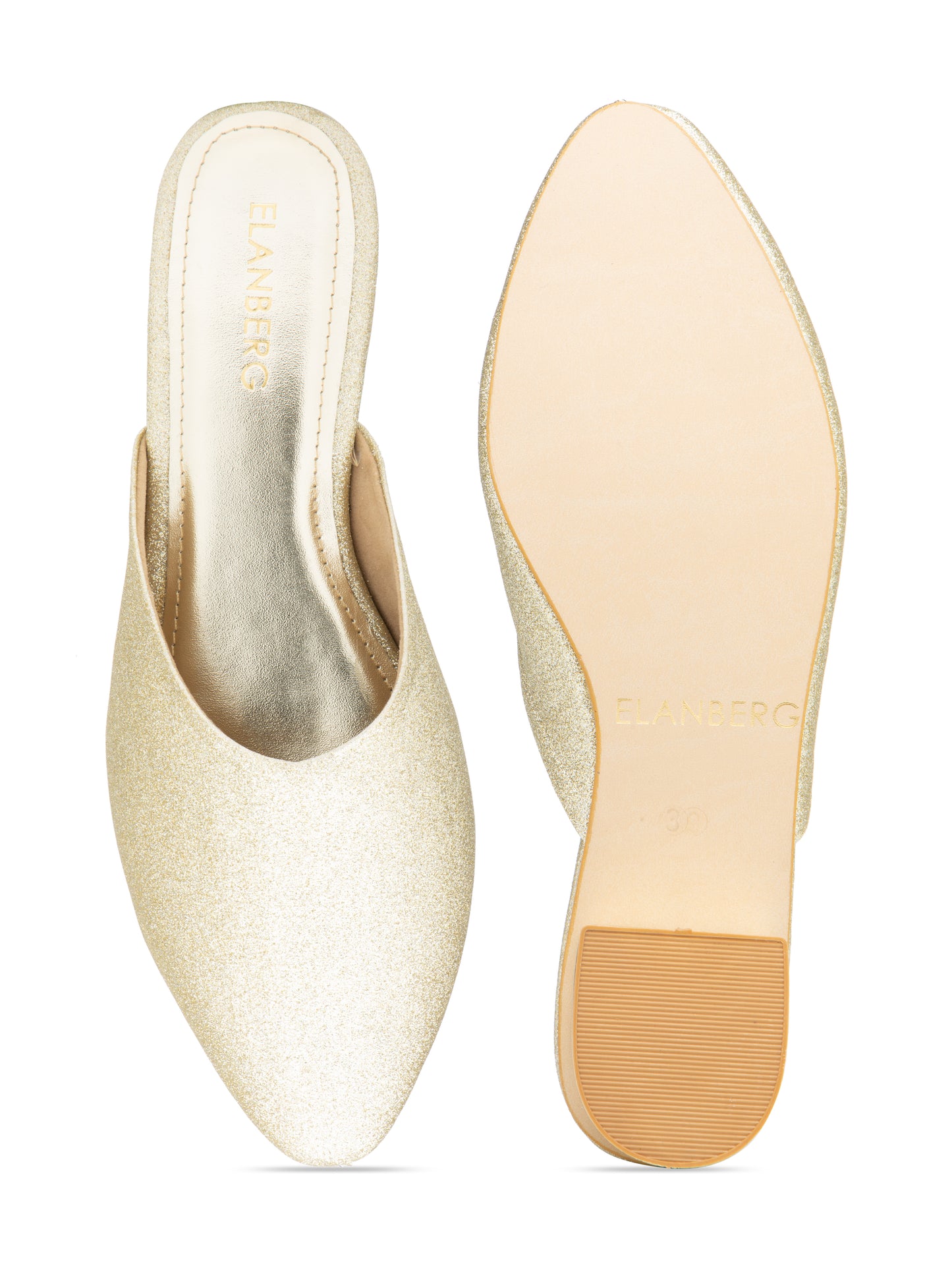 Lustara - Women’s Light Gold Shimmer Round Pointed (Toe Mules with Metallic Block Heel)