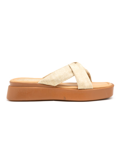 Solenne - Golden BeigeCrisscross Platform Slides (Tan Sole Edition)