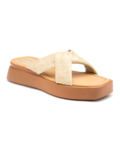 Solenne - Golden BeigeCrisscross Platform Slides (Tan Sole Edition)