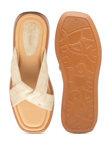 Solenne - Golden BeigeCrisscross Platform Slides (Tan Sole Edition)