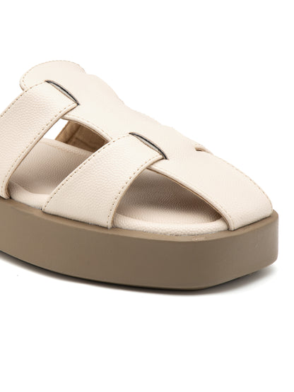 Ivoria - StructuredIvory Beige Cross-Strap Platform Slides (Taupe Sole Edition)
