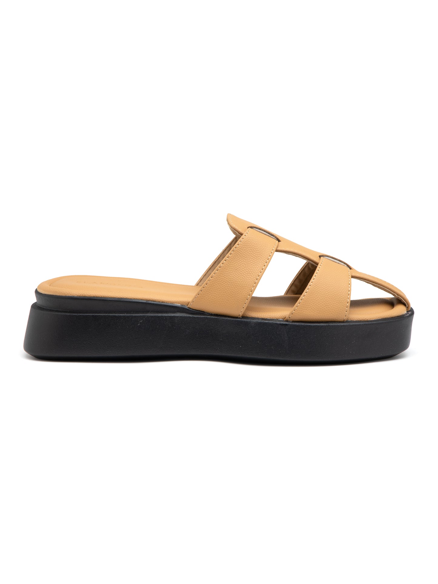 Terrado - Structured Tan Cross-Strap Platform Slides (Black Sole Edition)
