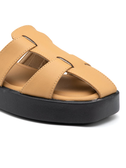 Terrado - Structured Tan Cross-Strap Platform Slides (Black Sole Edition)