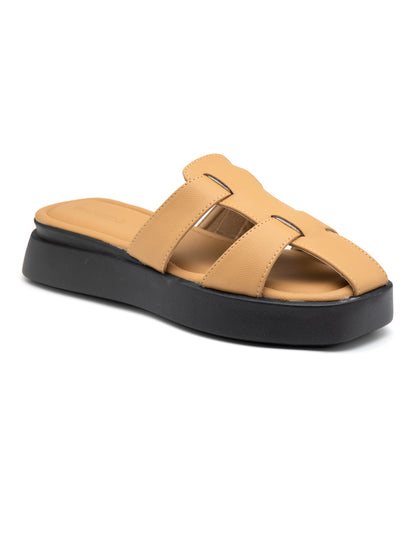 Terrado - Structured Tan Cross-Strap Platform Slides (Black Sole Edition)