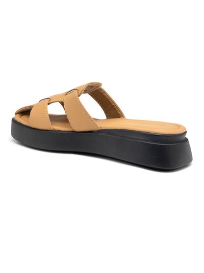 Terrado - Structured Tan Cross-Strap Platform Slides (Black Sole Edition)