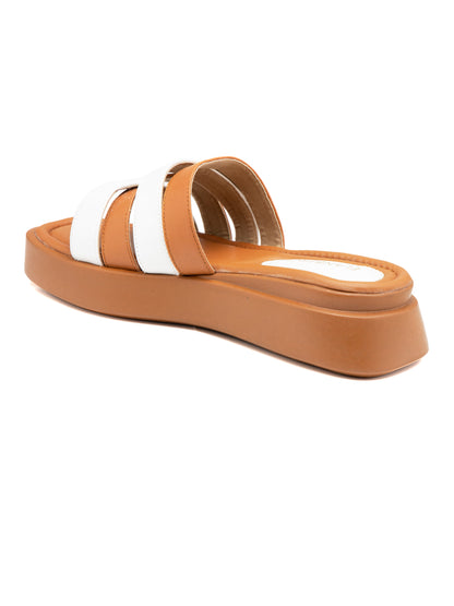 Clayra - Women’s Tan & White Dual-Tone Cut (Out Sliders)