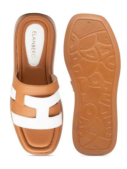 Clayra - Women’s Tan & White Dual-Tone Cut (Out Sliders)