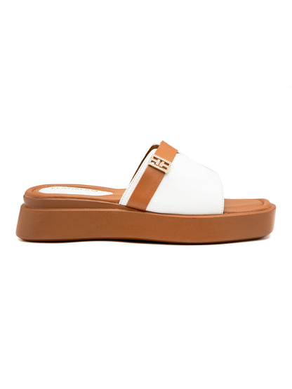 Carmela - White & Tan Luxe Slides with Golden Buckle Accent