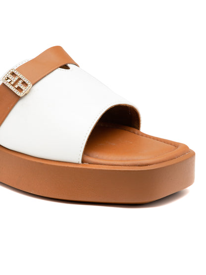 Carmela - White & Tan Luxe Slides with Golden Buckle Accent