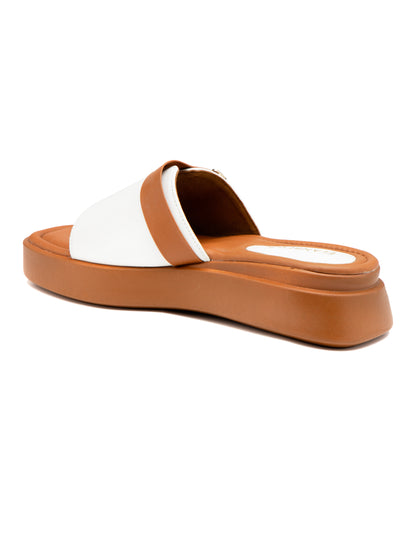 Carmela - White & Tan Luxe Slides with Golden Buckle Accent