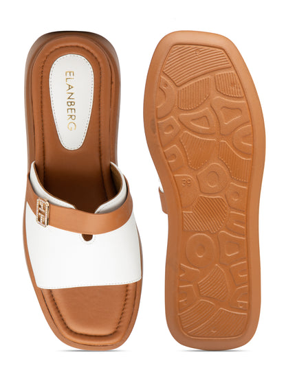 Carmela - White & Tan Luxe Slides with Golden Buckle Accent
