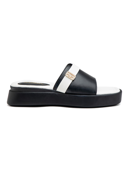 Monarch - Black & White Luxe Slides with Golden Buckle Accen