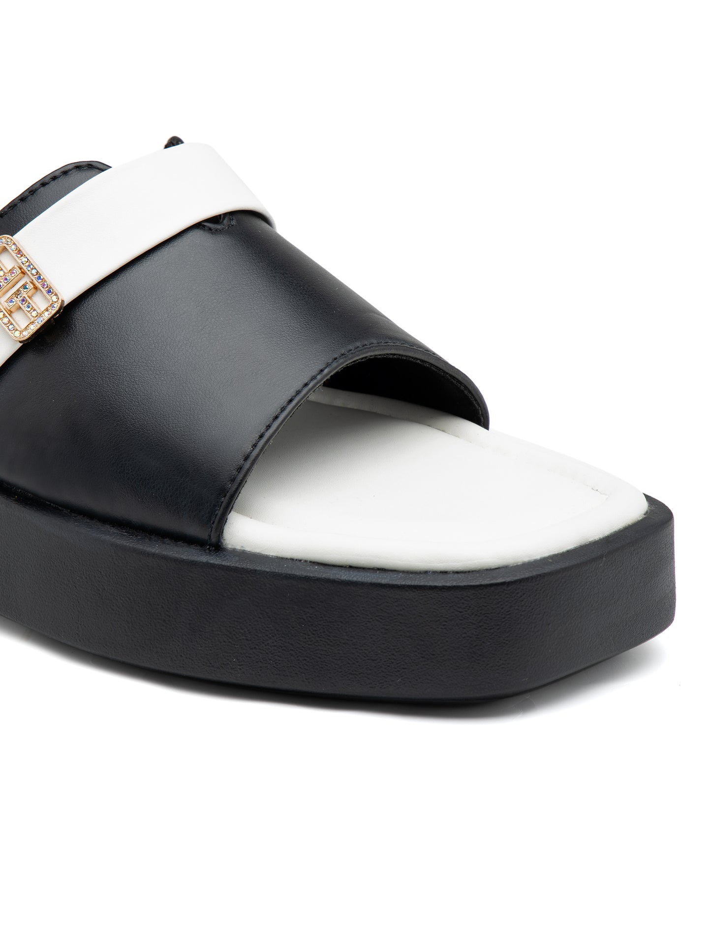 Monarch - Black & White Luxe Slides with Golden Buckle Accen