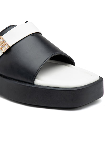 Monarch - Black & White Luxe Slides with Golden Buckle Accen