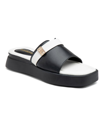 Monarch - Black & White Luxe Slides with Golden Buckle Accen