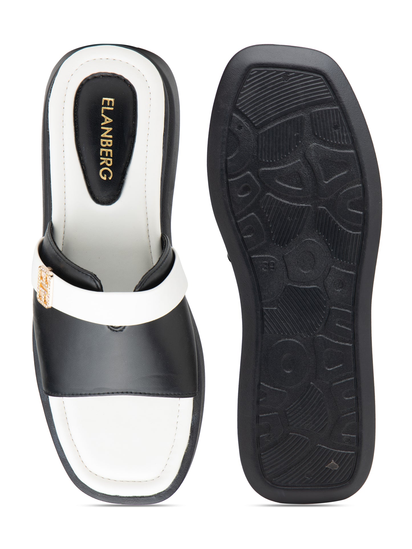 Monarch - Black & White Luxe Slides with Golden Buckle Accen