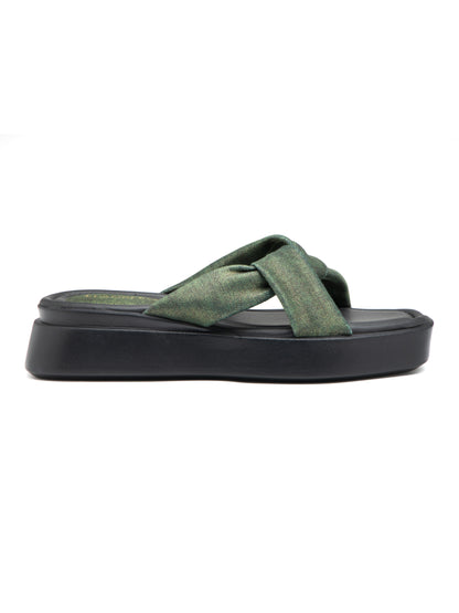 Sylvara - Forest Green Crisscross Platform Slides (Black Sole Edition)