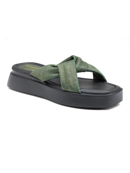 Sylvara - Forest Green Crisscross Platform Slides (Black Sole Edition)