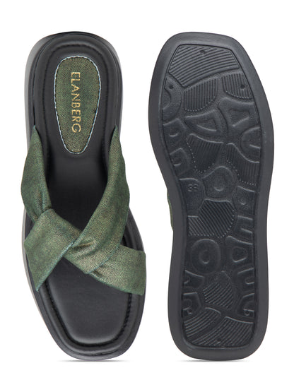 Sylvara - Forest Green Crisscross Platform Slides (Black Sole Edition)