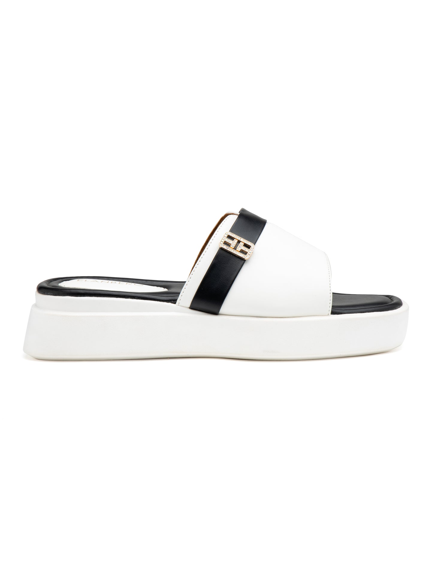 Regalia - White & Black Luxe Slides with Golden Buckle Accent