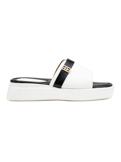 Regalia - White & Black Luxe Slides with Golden Buckle Accent