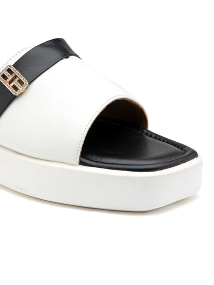 Regalia - White & Black Luxe Slides with Golden Buckle Accent