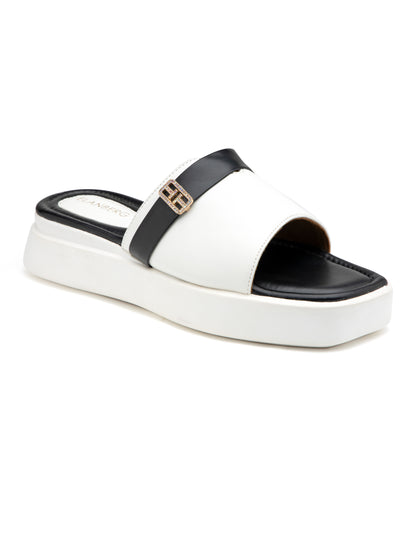 Regalia - White & Black Luxe Slides with Golden Buckle Accent