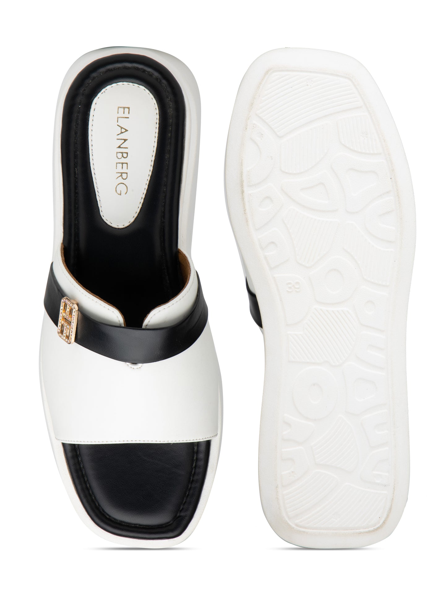 Regalia - White & Black Luxe Slides with Golden Buckle Accent
