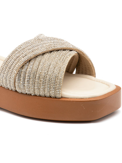 Serenya - Criss-Cross Embellished Slip-On  Platform Slides (Golden Glow Edition)