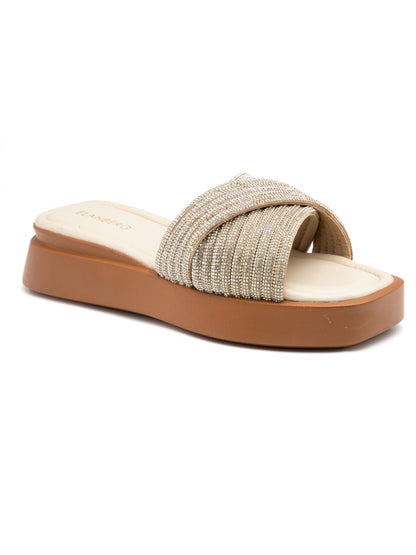 Serenya - Criss-Cross Embellished Slip-On  Platform Slides (Golden Glow Edition)