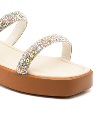 Celestia - Crystal-Embellished Double Strap Platform Slides (Tan Sole Edition)