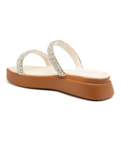 Celestia - Crystal-Embellished Double Strap Platform Slides (Tan Sole Edition)