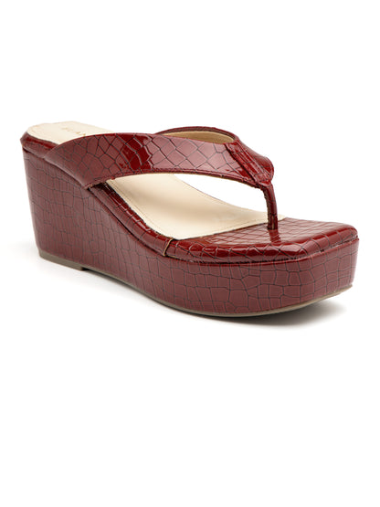 Cravira - Croc-Textured V Strap Cherry Wedge Heel