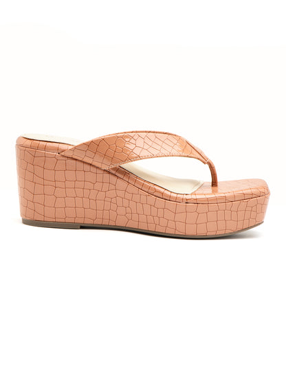 Carmona - Croc-Textured V Strap Nude Tan Wedge Heel