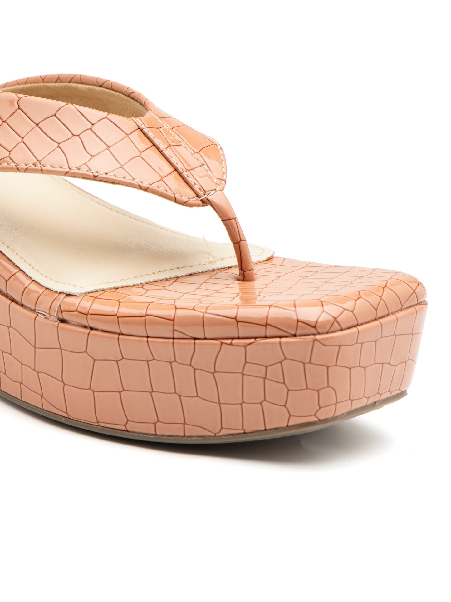 Carmona - Croc-Textured V Strap Nude Tan Wedge Heel