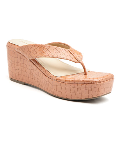 Carmona - Croc-Textured V Strap Nude Tan Wedge Heel