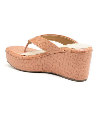Carmona - Croc-Textured V Strap Nude Tan Wedge Heel