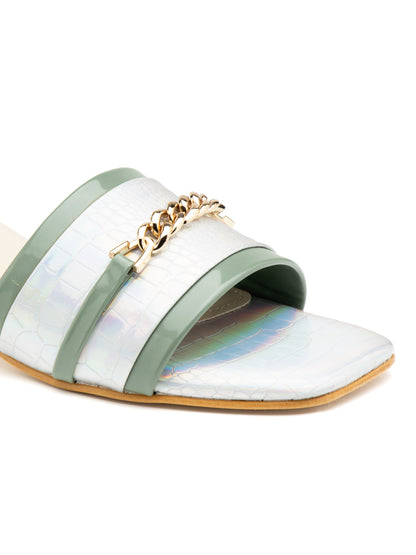 Opaluxe - Women’s Pearl White Holographic Block Heel Sandals with Chain Detail