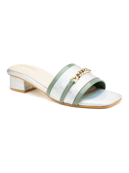 Opaluxe - Women’s Pearl White Holographic Block Heel Sandals with Chain Detail