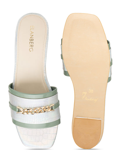 Opaluxe - Women’s Pearl White Holographic Block Heel Sandals with Chain Detail