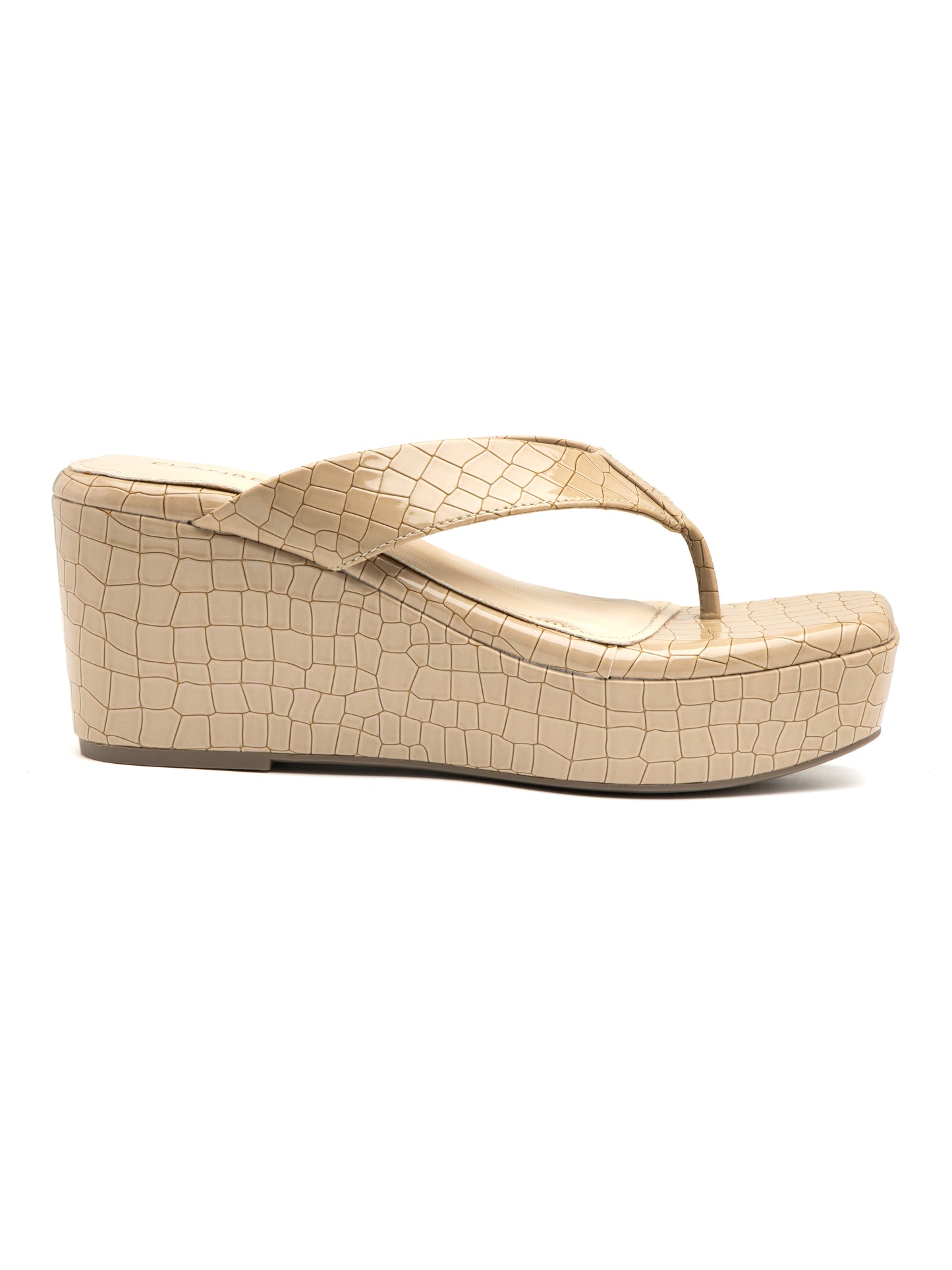Ivanna - Croc-Textured V Strap Beige Wedge Heel