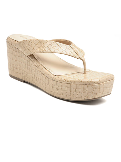 Ivanna - Croc-Textured V Strap Beige Wedge Heel