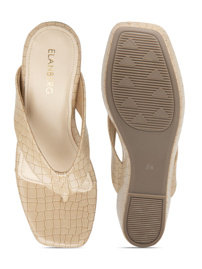 Ivanna - Croc-Textured V Strap Beige Wedge Heel