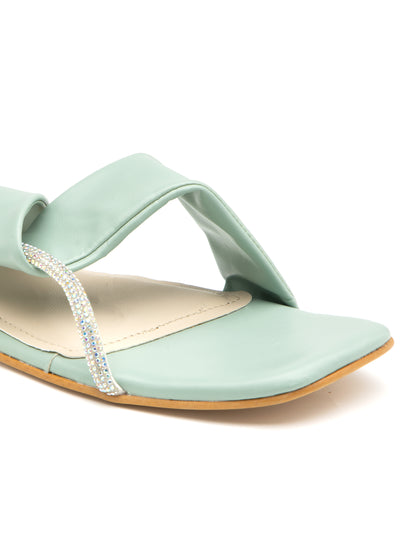 Calyra - Women’s Pastel  Sea Green Crystal-Accent Flats with Cross Straps- Collection: Pastel Radiance