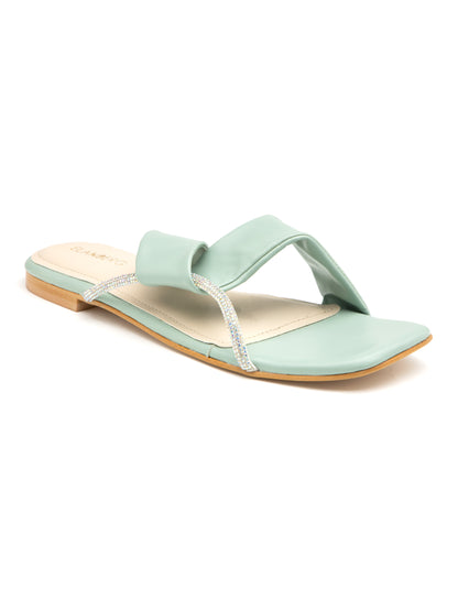 Calyra - Women’s Pastel  Sea Green Crystal-Accent Flats with Cross Straps- Collection: Pastel Radiance