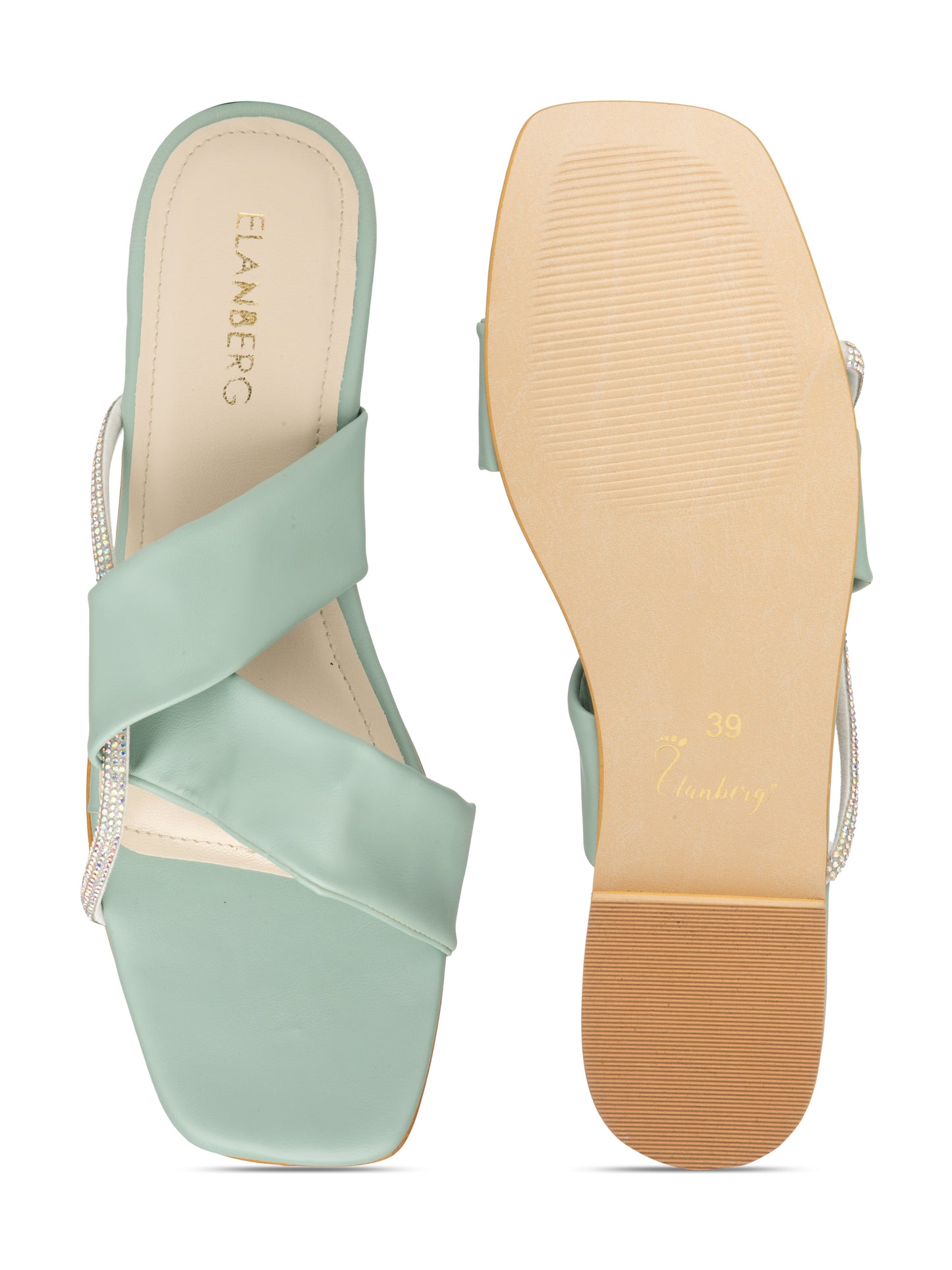 Calyra - Women’s Pastel  Sea Green Crystal-Accent Flats with Cross Straps- Collection: Pastel Radiance