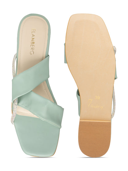 Calyra - Women’s Pastel  Sea Green Crystal-Accent Flats with Cross Straps- Collection: Pastel Radiance