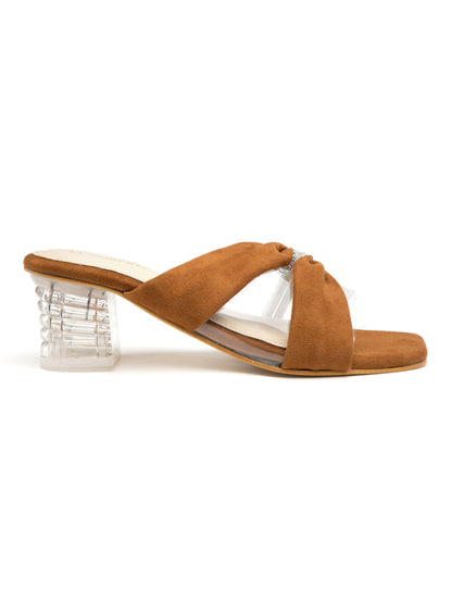 Clarena - Tan Suede Clear Strap Clear Block Heels with Crystal Accent