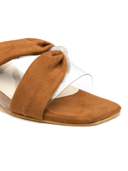 Clarena - Tan Suede Clear Strap Clear Block Heels with Crystal Accent