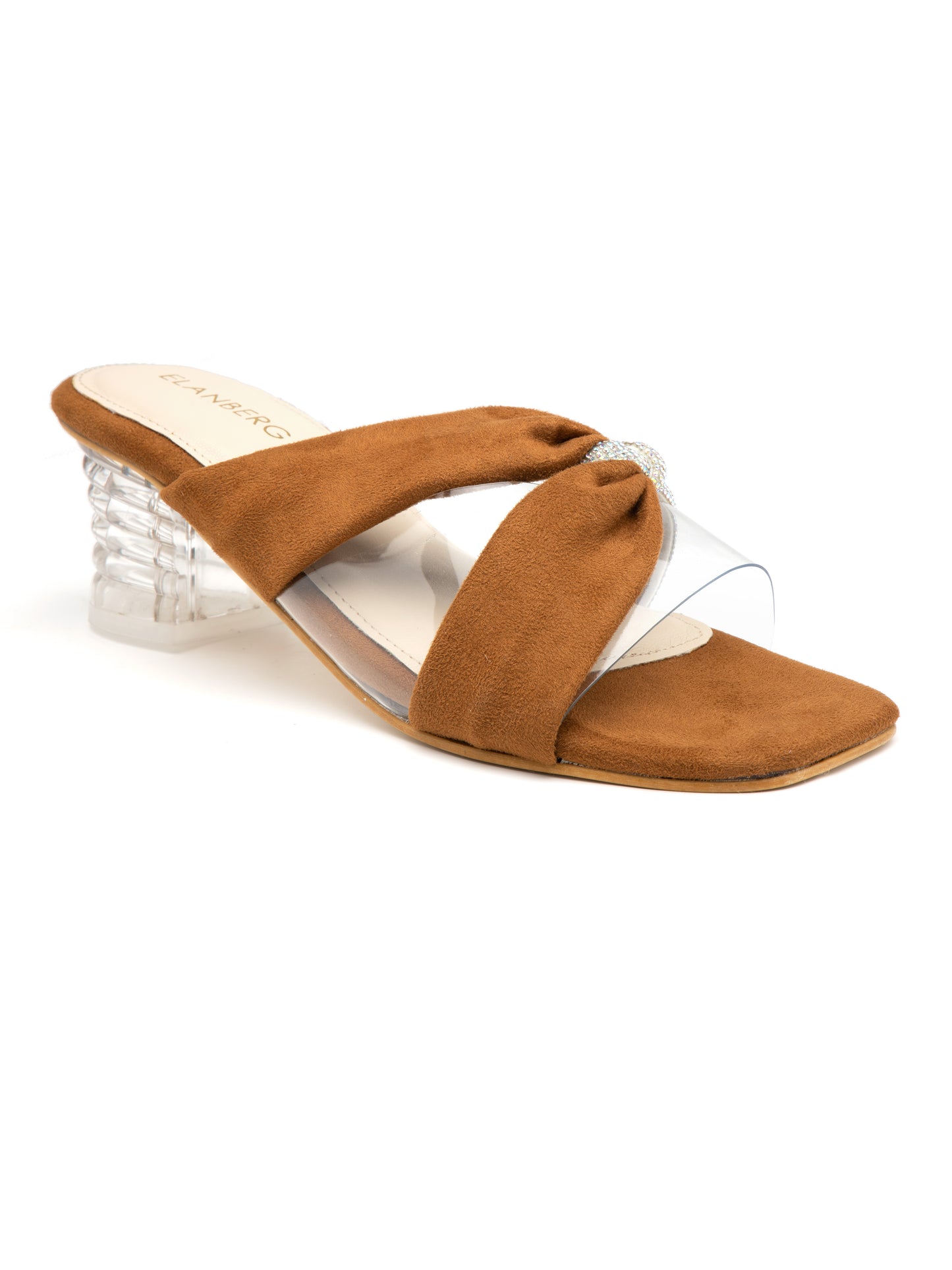 Clarena - Tan Suede Clear Strap Clear Block Heels with Crystal Accent